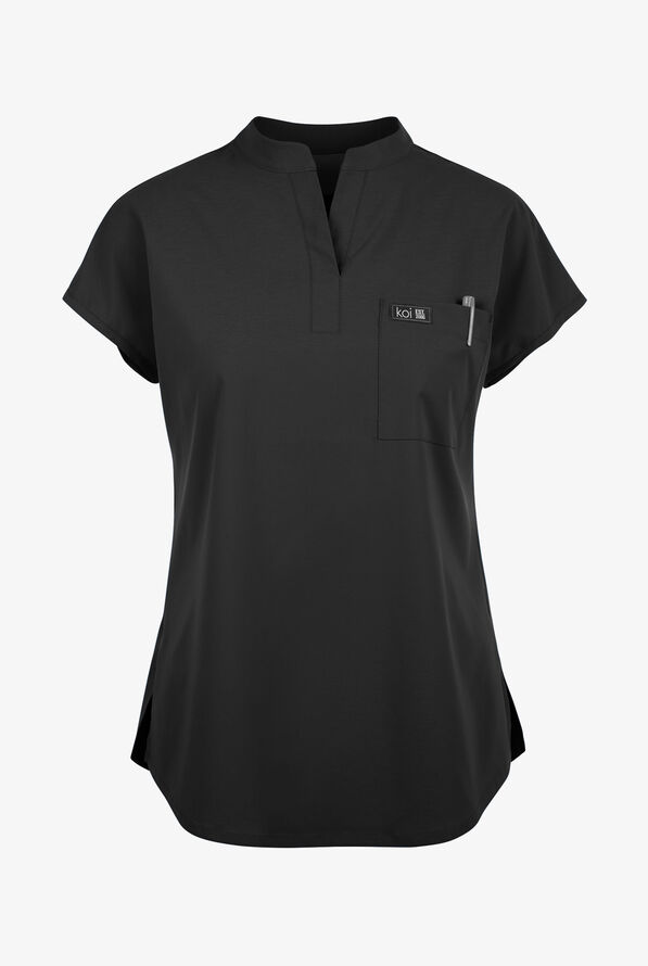 koi Basics Ari Women's 1-Pocket STRETCH Dolman Sleeve Mandarin Collar Scrub Top - Black - 1