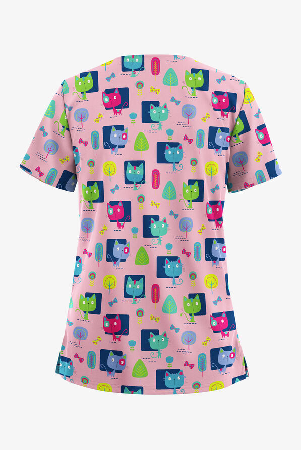 Butter-Soft STRETCH Pawsitive Vibes Royal Women's 2-Pocket V-Neck Print Scrub Top - null - 2