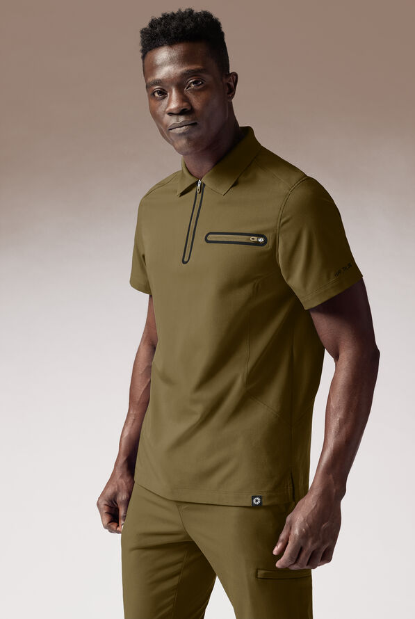 Hypothesis Alpha System Men’s 1-Pocket Zip Neck Polo With Tonal Trim Scrub Top - DARK MOSS/JET BLACK - 1