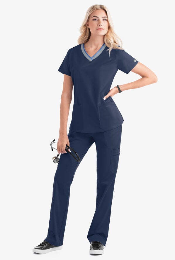 Butter-Soft STRETCH Women's 4-Pocket Active Rounded V-Neck Scrub Top - Navy/Silver/Ceil - 8