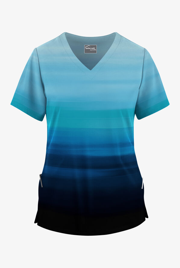 Butter-Soft STRETCH Aurora Lights Navy Women's 2-Pocket V-Neck Print Scrub Top - null - 1