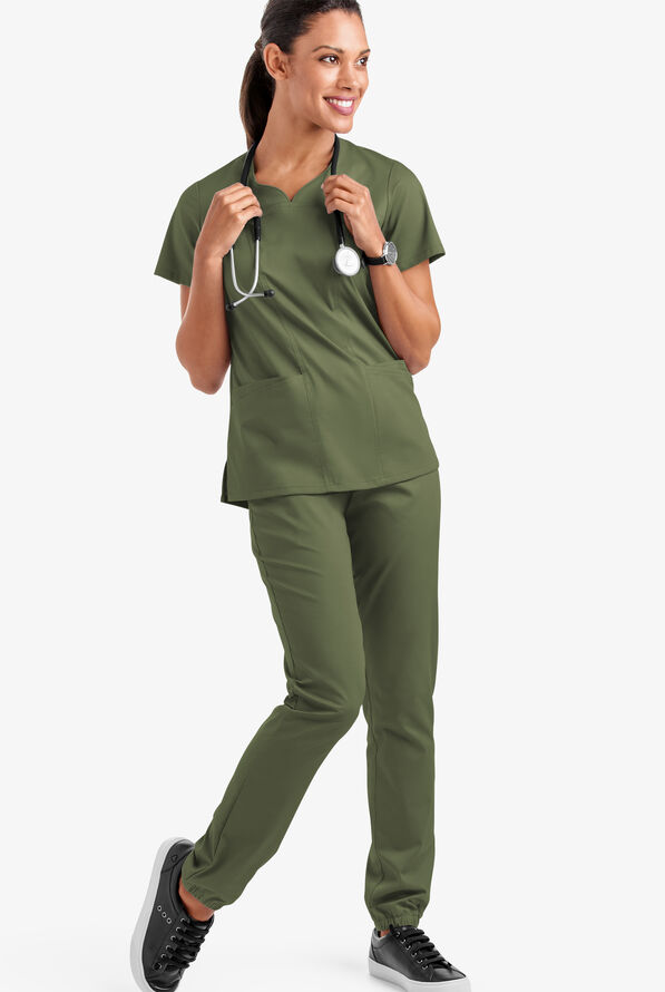 Butter-Soft STRETCH Women's 4-Pocket Sweetheart Neck Scrub Top - Light Olive - 2