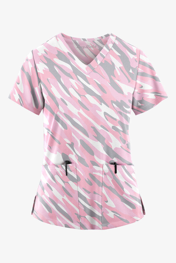 Easy STRETCH Camo Waves Pink Peony Women's 2-Pocket V-Neck Print Scrub Top - null - 1