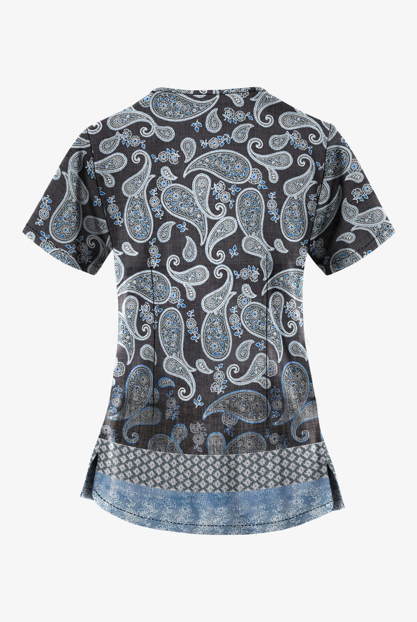 Easy STRETCH Paisley Black 2-Pocket V-Neck Print Scrub Top - null - 2