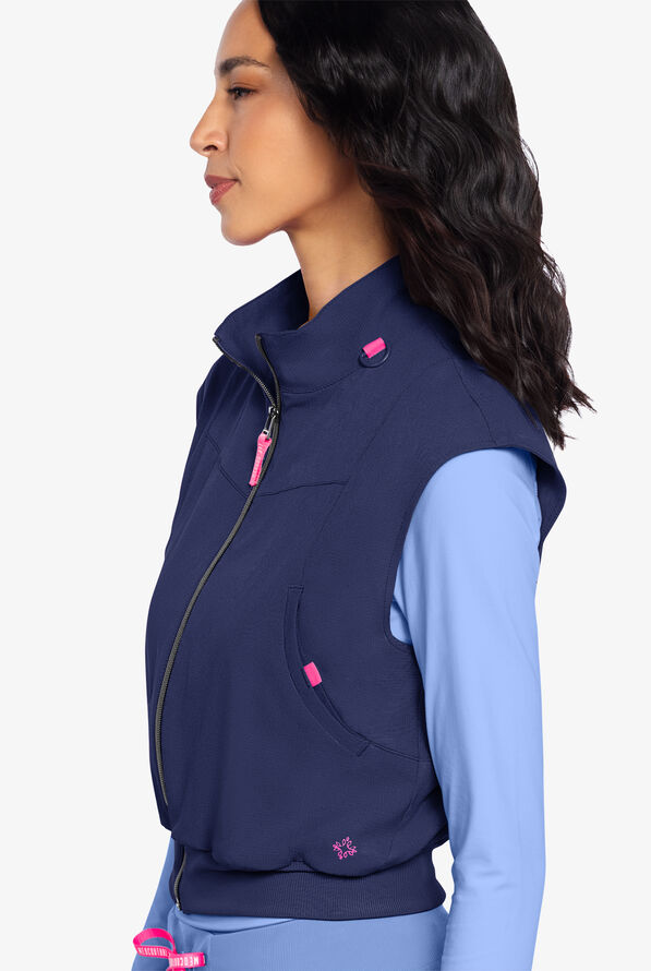 Med Couture Amp Women's 2-Pocket STRETCH Zippered Cropped Scrub Vest - Navy - 4