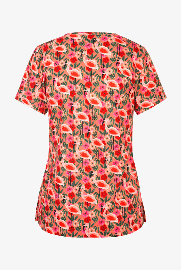 koi Next Gen Flamingo And Flowers Women's 2-Pocket STRETCH V-Neck Print Scrub Top - null - 2