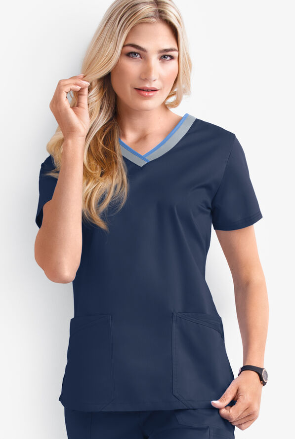 Butter-Soft STRETCH Women's 4-Pocket Active Rounded V-Neck Scrub Top - Navy/Silver/Ceil - 2
