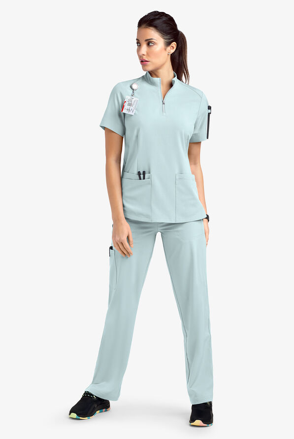 Easy STRETCH Jen Women's 4-Pocket Zip-Neck Short Sleeve Scrub Top - Ocean Mist - 2