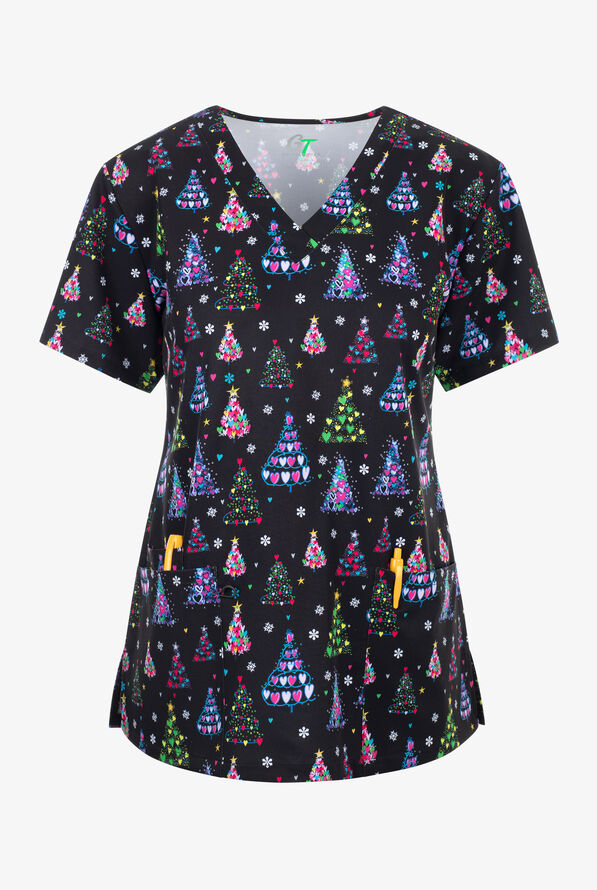 Green Town Christmas Tree Hearts Women's 3-Pocket STRETCH V-Neck Print Scrub Top - null - 1