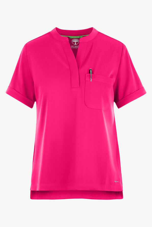 HH Works by Healing Hands Macy Women's 1-Pocket STRETCH Mandarin Collar Tuck In Scrub Top - Carnation Pink - 1