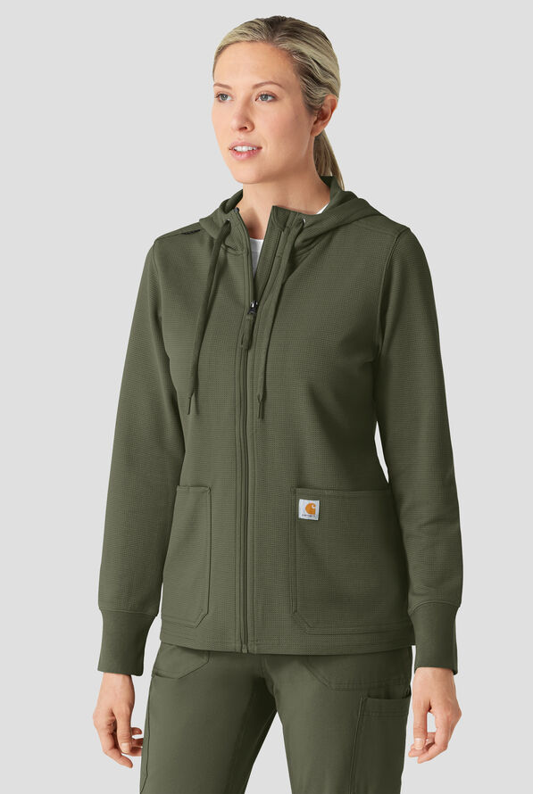 Carhartt Force Rugged Flex Women's 4-Pocket Zip Waffle Hoodie Scrub Jacket - Olive - 4