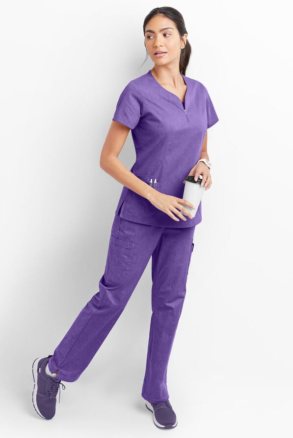 Butter-Soft STRETCH Women's 4-Pocket Curved Neck Zipper Scrub Top - Sparkling Grape Heather - 4