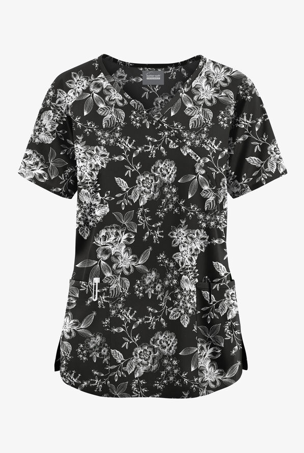 Blusa médica estampada Butter-Soft Originals Bark Park Royal estilo cruzado con lazos y 3 bolsillos para mujer - null - 1