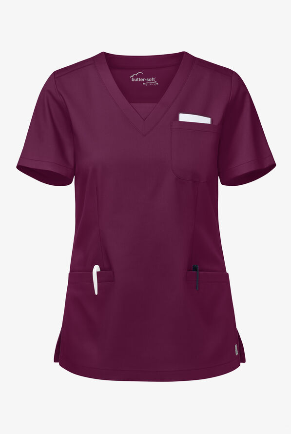 Blusa médica UA Butter-Soft STRETCH con cuello en V y 3 bolsillos de ojal para mujer - Wine - 1