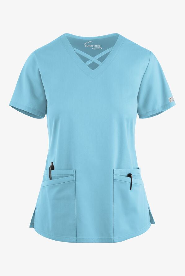 Blusa m&eacute;dica UA Butter-Soft STRETCH con lazos entrecruzados y 4 bolsillos para mujer - Poolside View - 1