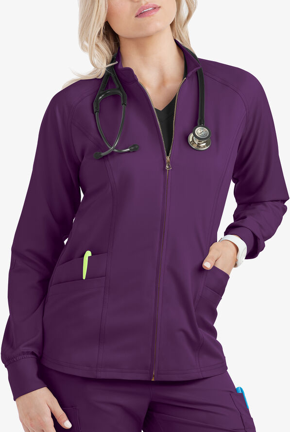 Lauderdale by UA Dania Women's 4-Pocket Zip Front Raglan Long Sleeved STRETCH Scrub Jacket - Eggplant - 2