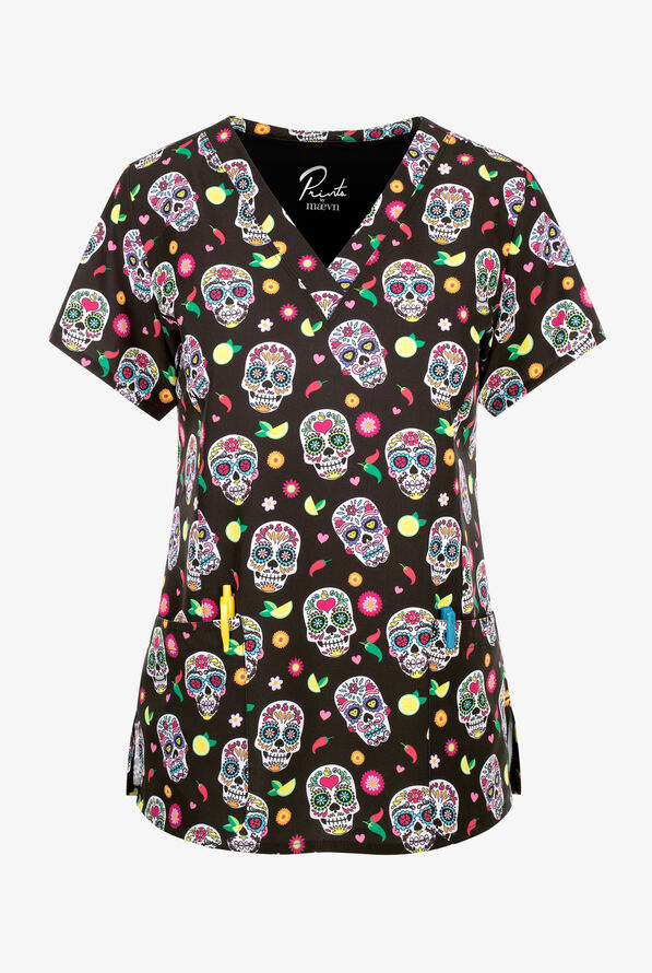 Maevn Happy Sugar Skulls Women's 3-Pocket STRETCH V-Neck Print Scrub Top - null - 1