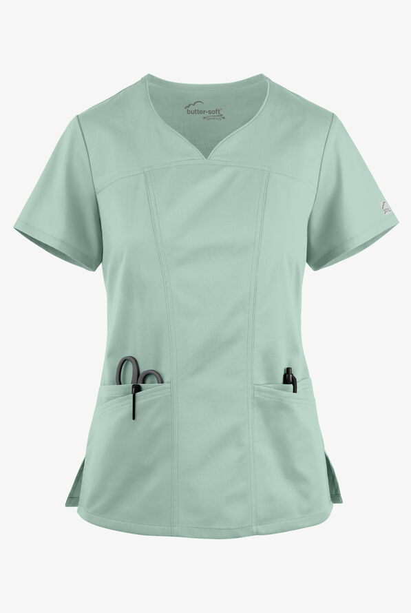 Butter-Soft STRETCH Women's 4-Pocket Sweetheart Neck Scrub Top - Eucalyptus Leaf - 1