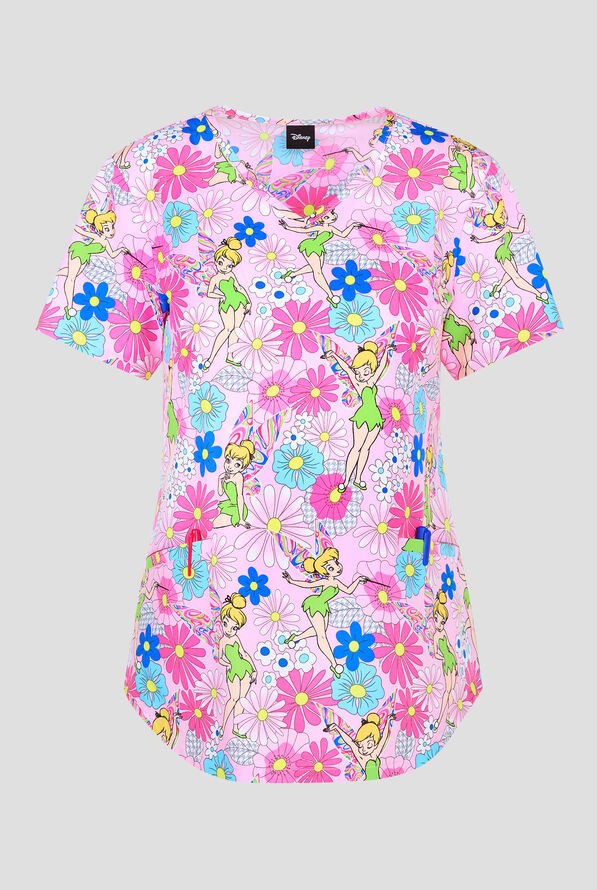 Tooniforms Disney's Tinkerbell Stay Feisty Women's 2-Pocket STRETCH V-Neck Print Scrub Top - null - 1