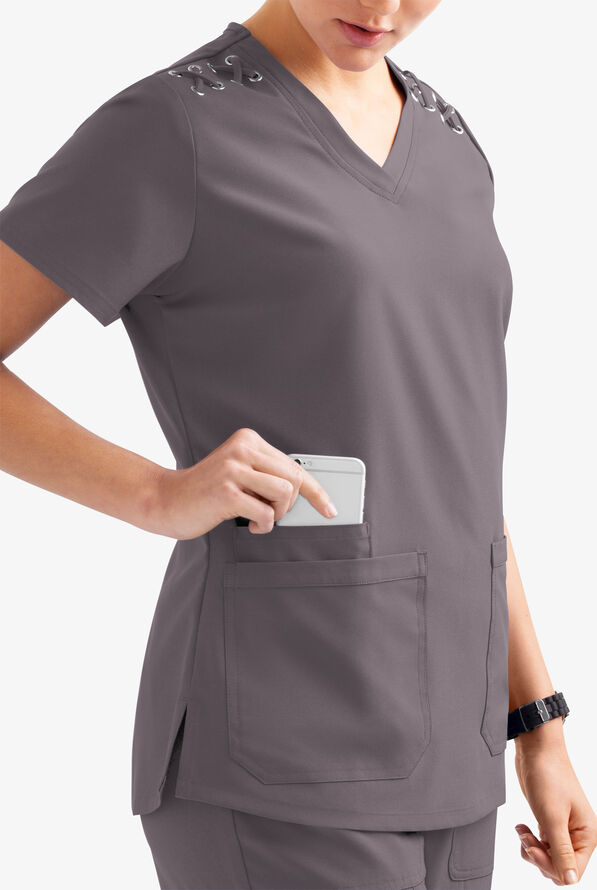 Easy STRETCH Leila Women's 3-Pocket Lace Up Grommet Scrub Top - Grey Stone - 3