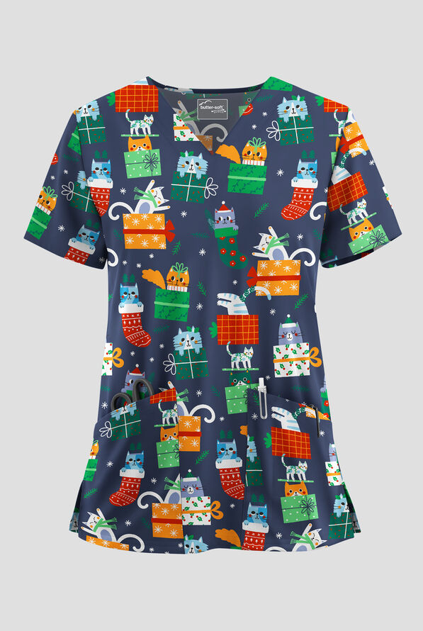 Butter-Soft STRETCH Merry Cat-mas Navy Women's 2-Pocket V-Neck Print Scrub Top - null - 1