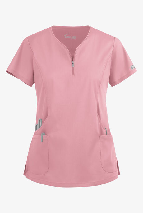 Butter-Soft STRETCH Women's 4-Pocket Curved Neck Zipper Scrub Top
