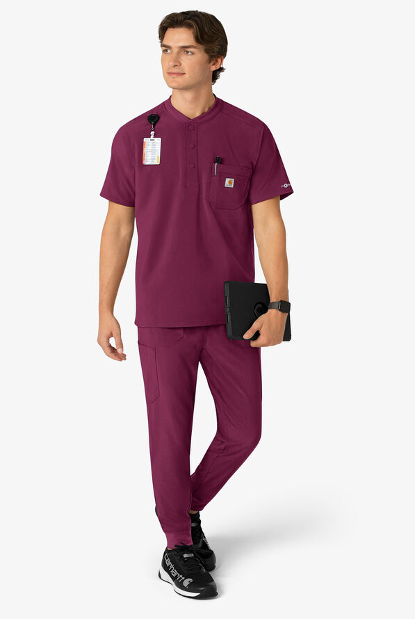 Carhartt Cross-Flex Men's 3-Pocket STRETCH Zip Pocket Henley Banded Collar Scrub Top - Wine - 5