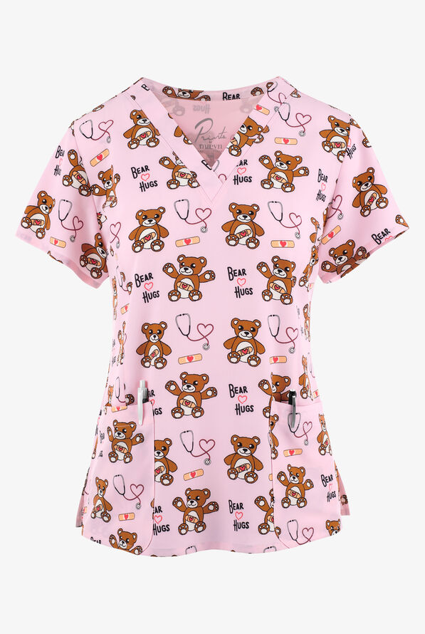 Maevn Boo Boo Bear Women's 3-Pocket STRETCH Scrub Top, Print Scrubs