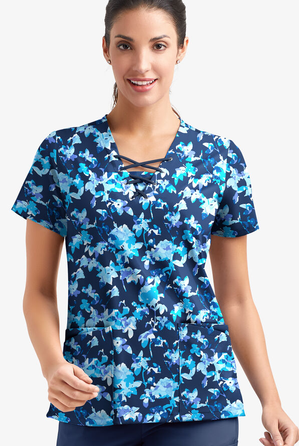 Easy STRETCH Morning Garden Navy Women's 4-Pocket Lace Up V-Neck Print Scrub Top - null - 2