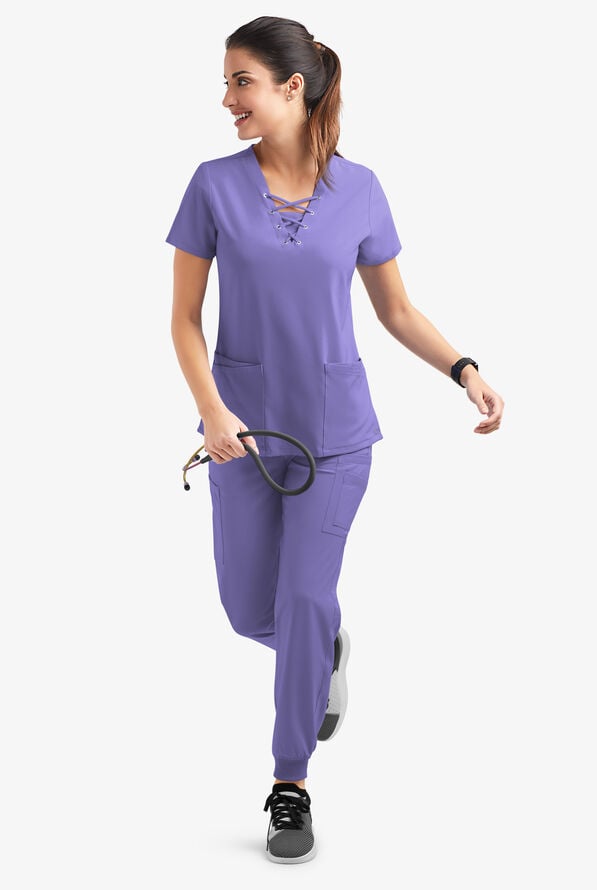 Easy STRETCH Gisele Women's 4-Pocket Lace Up V-Neck Scrub Top - Blueberry Crush - 6