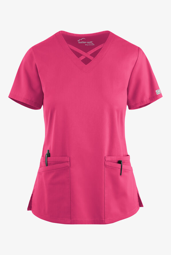Butter-Soft STRETCH Women's 4-Pocket Crisscross Scrub Top - Fuchsia - 1