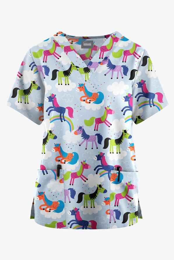 Blusa médica estampada Butter-Soft Originals On The Clouds Dew de corte clásico con cuello en V y 2 bolsillos para mujer - null - 1