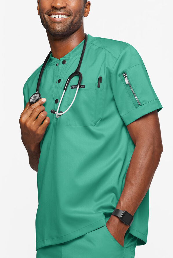 Advantage STRETCH Men's 2-Pocket Short Sleeve Henley Scrub Top - Bermuda Green - 2