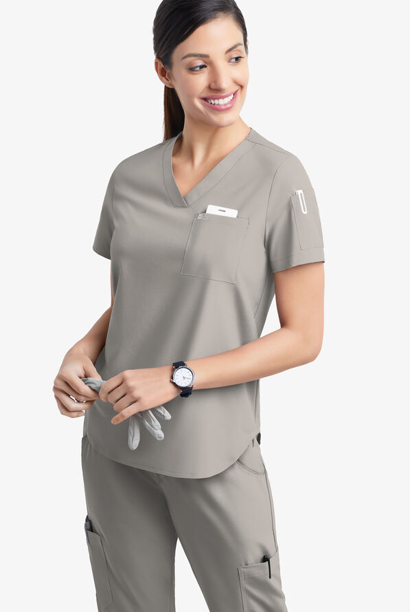 Easy STRETCH Chloe Women's 3-Pocket V-Neck Tuck-In Scrub Top - Lunar Grey - 3