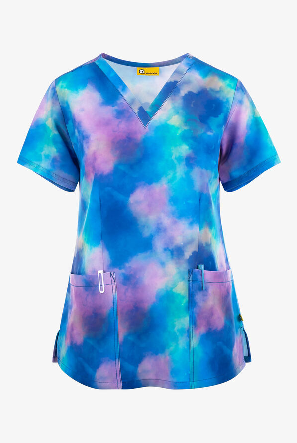  WonderWink Twilight Tie Dye Women's 3-Pocket STRETCH V-Neck Print Scrub Top - null - 1