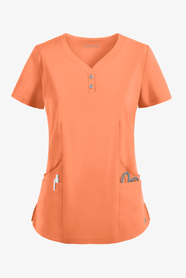 Blusa médica Easy STRETCH Demi estilo Henley con 4 bolsillos para mujer - Coral Haze - 1