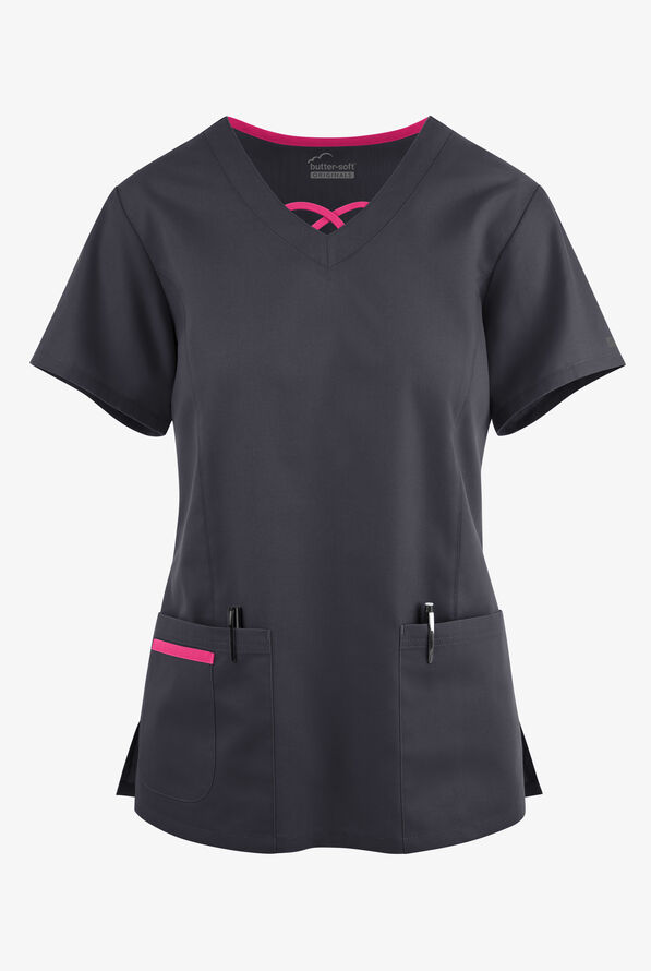 Blusa médica Butter-Soft Originals con cuello entrecruzado en contraste y 3 bolsillos para mujer - Pewter/Fuchsia - 1