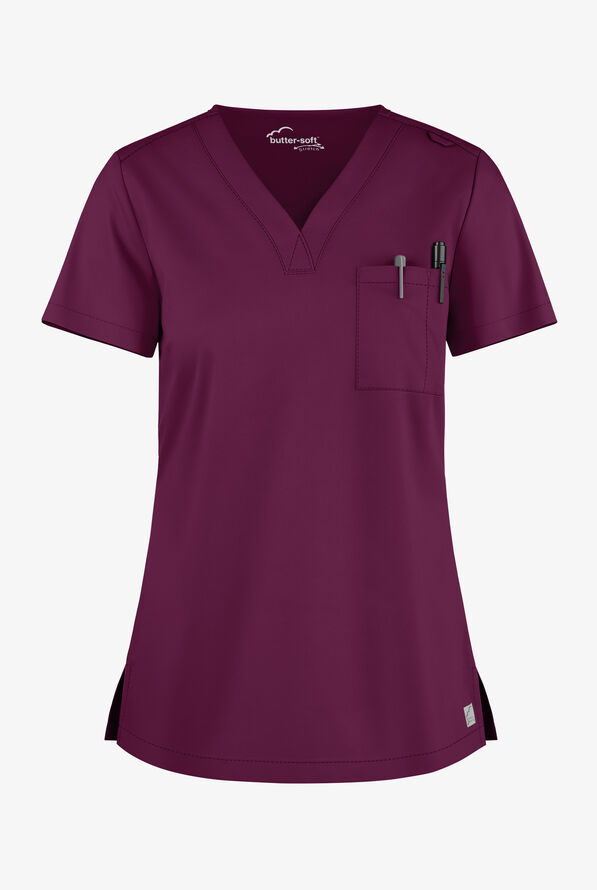 Blusa m&eacute;dica Butter-Soft STRETCH con cuello en V y 2 bolsillos para mujer - Wine - 1