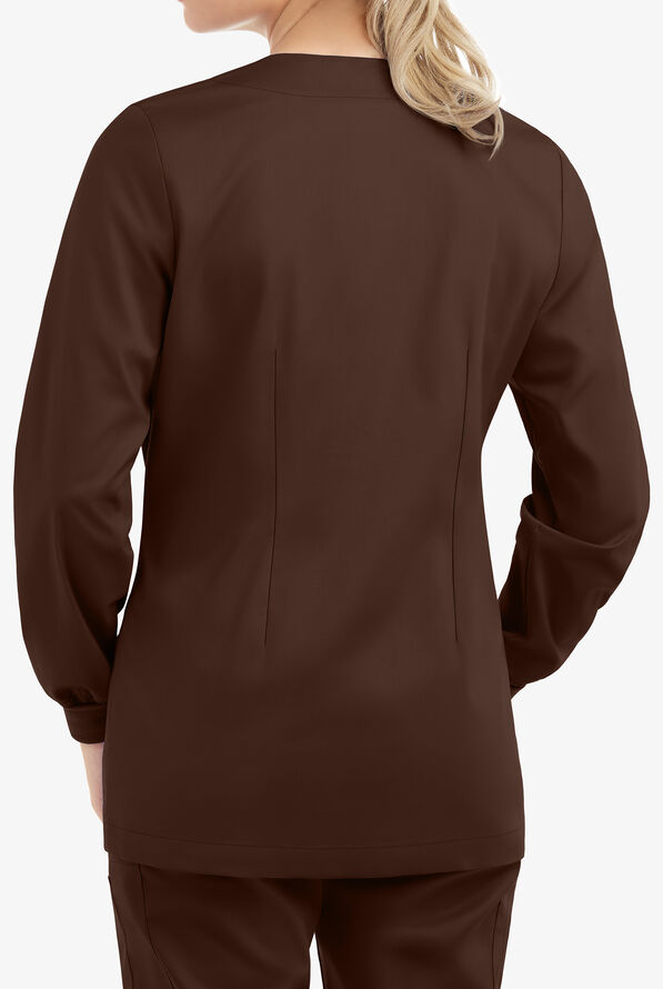 Butter-Soft STRETCH Women's 2-Pocket Long Sleeve Snap Front Scrub Jacket - Coffee Bean - 4