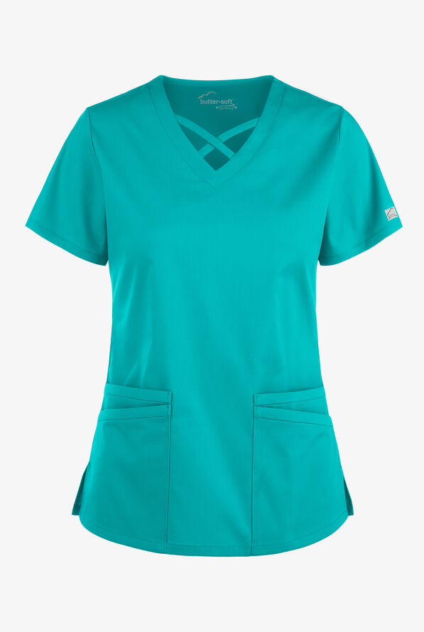Butter-Soft STRETCH Women's 4-Pocket Crisscross Scrub Top - Bright Teal - 1