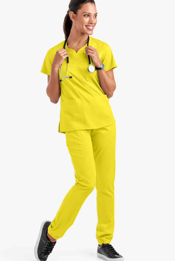 Butter-Soft STRETCH Women's 4-Pocket Sweetheart Neck Scrub Top - Bright Daffodil - 2
