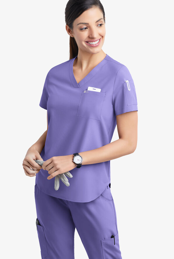 Easy STRETCH Chloe Women's 3-Pocket V-Neck Tuck-In Scrub Top - Blueberry Crush - 3