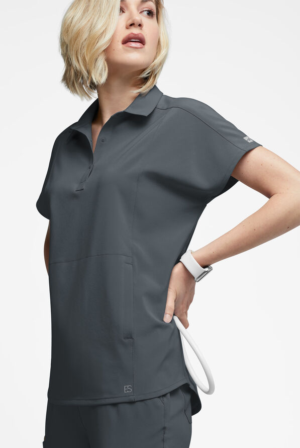 Easy STRETCH LEA Women's 3-Pocket Polo Collar Scrub Top - Pewter - 3
