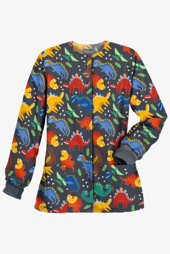 Butter-Soft Colorful Dinos Pewter Women's 2-Pocket Warm Up Print Scrub Jacket - null - 1