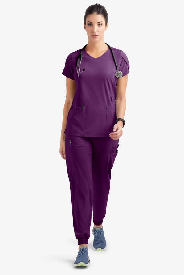 Blusa médica Easy STRETCH Daisy con cuello en V y 4 bolsillos para mujer - Eggplant - 2
