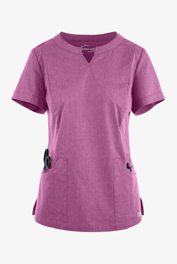 Butter-Soft STRETCH Women's 4-Pocket Notch Neck Scrub Top - Berry Wine Heather - 1