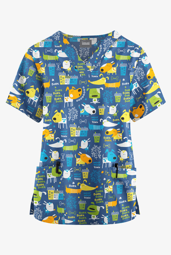 ButterSoft Dog Park Royal Women's 2Pocket VNeck Print Scrub Top