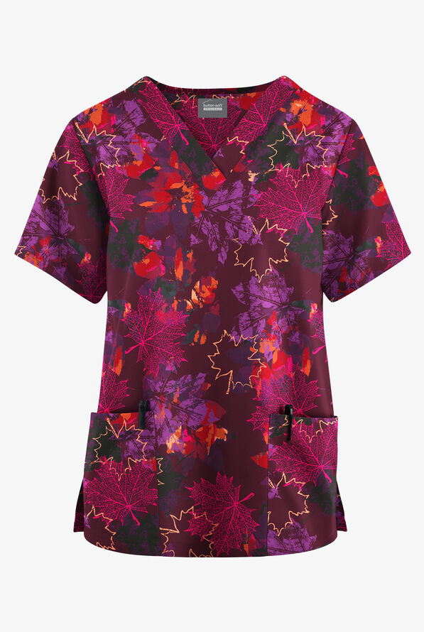 Butter-Soft Originals Autumn Park Wine Women's 2-Pocket Classic Fit V-Neck Print Scrub Top - null - 1