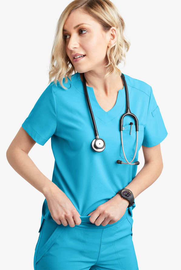 Easy STRETCH Nikki Women's 1-Pocket Scallop Neck Tuck-In Scrub Top - Turquoise - 6