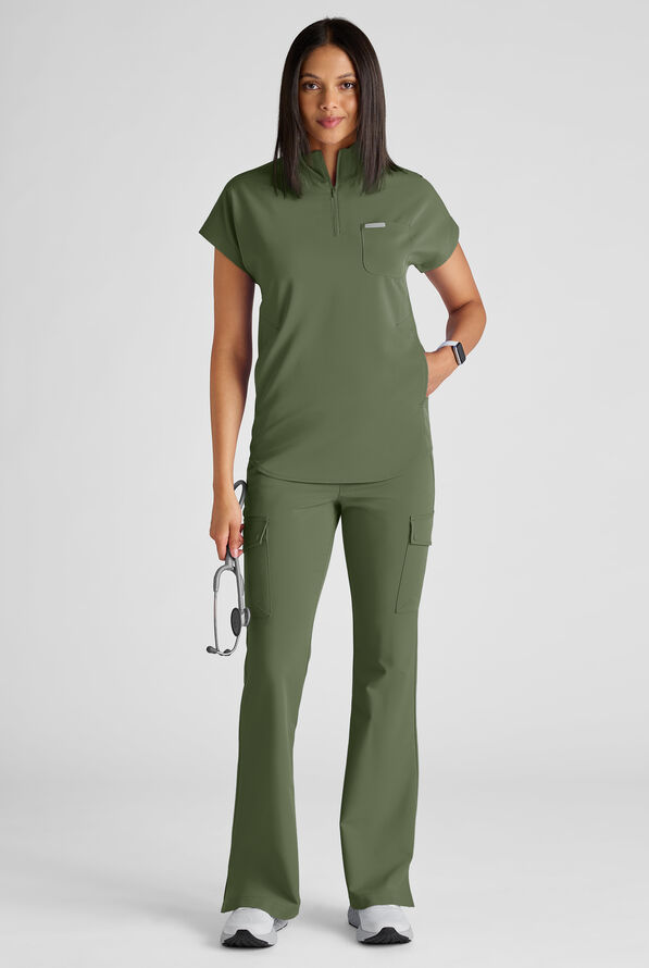 ReSurge Rhine Women's 5-Pocket Oversized Half Zip Stand Collar Scrub Top - Light Olive - 7